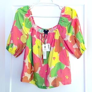 Square neck lime yellow coral spring palette short sleeve elastic adjust top NWT